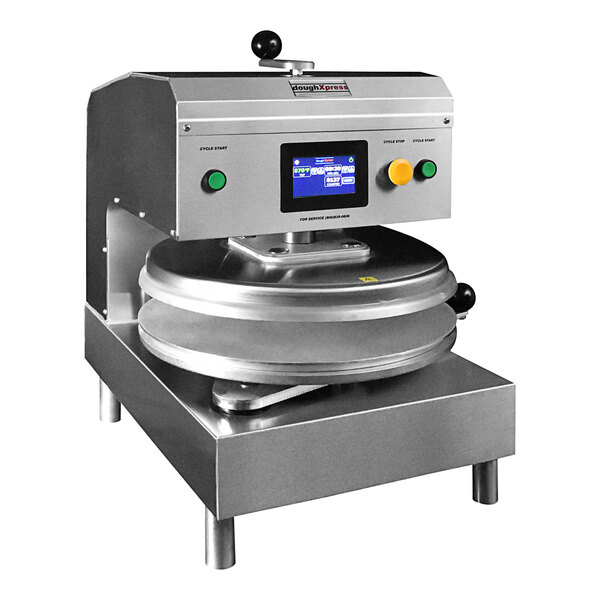 A DoughXpress stainless steel commercial pizza dough press with a digital display and buttons.