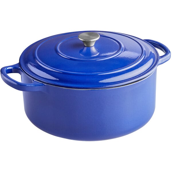 A Valor Galaxy Blue enameled cast iron dutch oven with a lid.