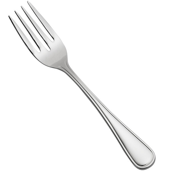 A close-up of a Bon Chef Ravello stainless steel salad fork with a silver handle.