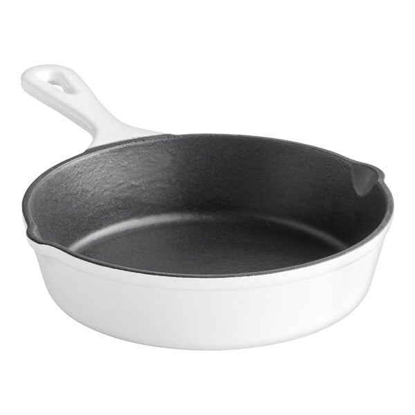 An 8" Valor Arctic White enameled cast iron skillet with a black handle.