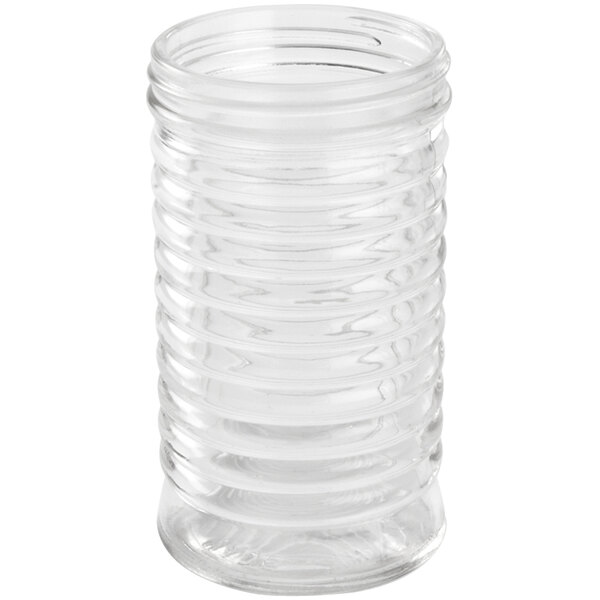 An American Metalcraft clear glass beehive shaker base with a spiral pattern.
