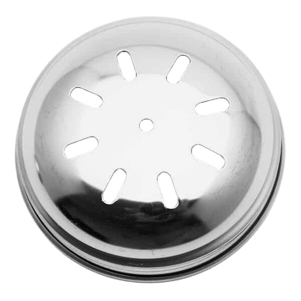 A stainless steel slotted spice lid designed for 12 oz. shakers.