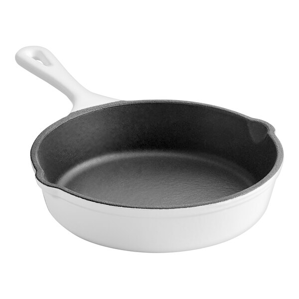 A Valor Arctic White enameled cast iron skillet with a black handle.