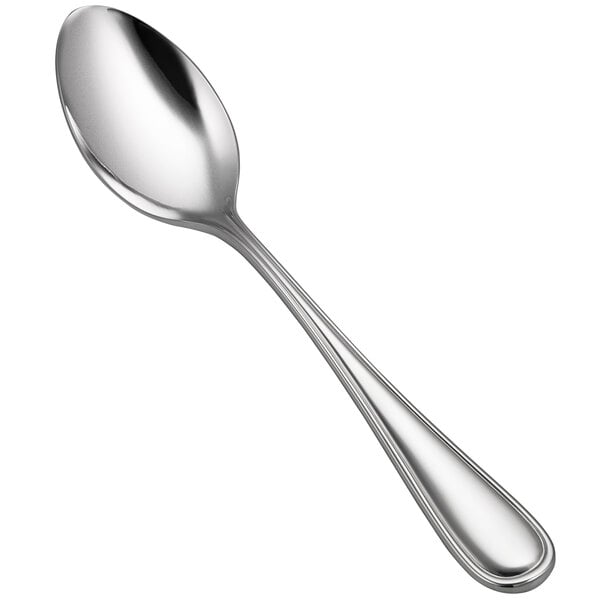 A Bon Chef Ravello stainless steel oval soup/dessert spoon with a silver handle and spoon.