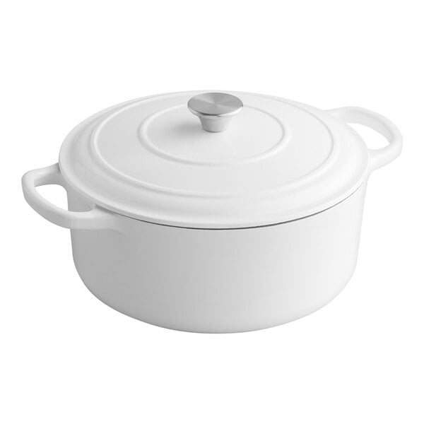 A Valor Arctic White enameled cast iron Dutch oven with a lid.