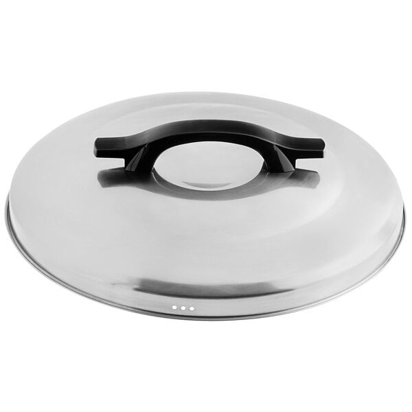 A stainless steel Avantco replacement lid with a black handle.