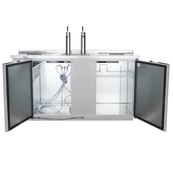 A stainless steel Beverage-Air beer dispenser with two tap handles.