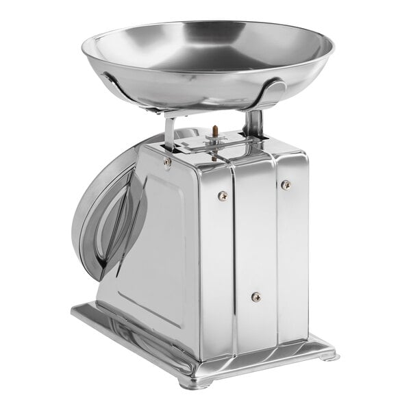 A stainless steel mechanical portion control scale with a removable bowl.