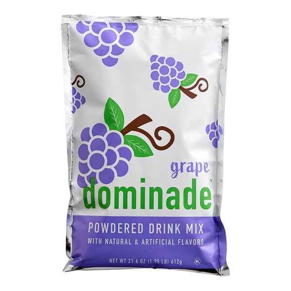 A white DominAde package with purple and green grape design.