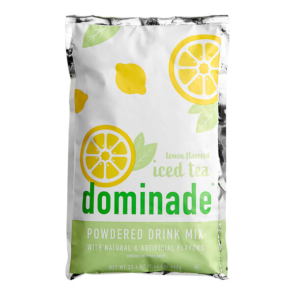 A white and yellow bag of DominAde powdered iced tea drink mix.