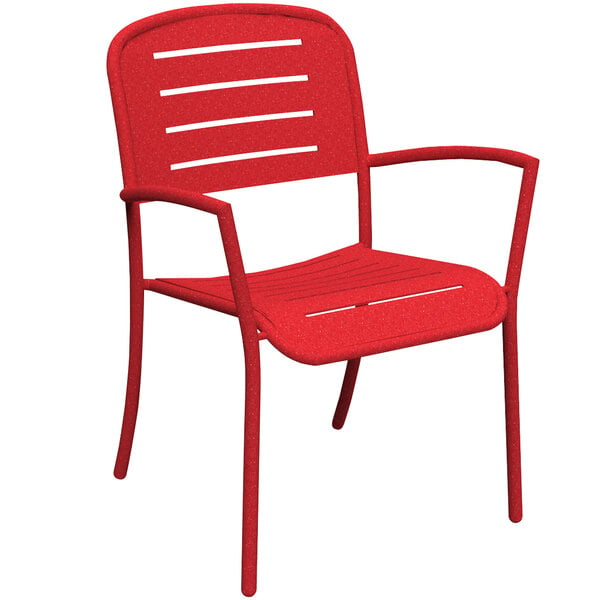 A red Wabash Valley Hanna Collection outdoor arm chair with a slat back.