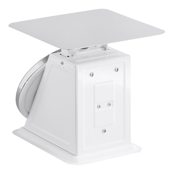 A white mechanical portion control scale with a flat weighing platform and a sturdy base.
