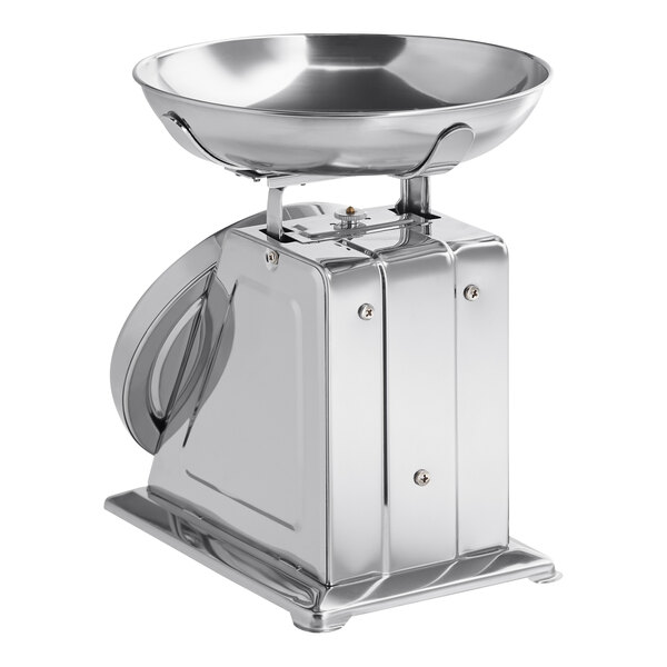 A stainless steel mechanical portion control scale with a removable bowl.