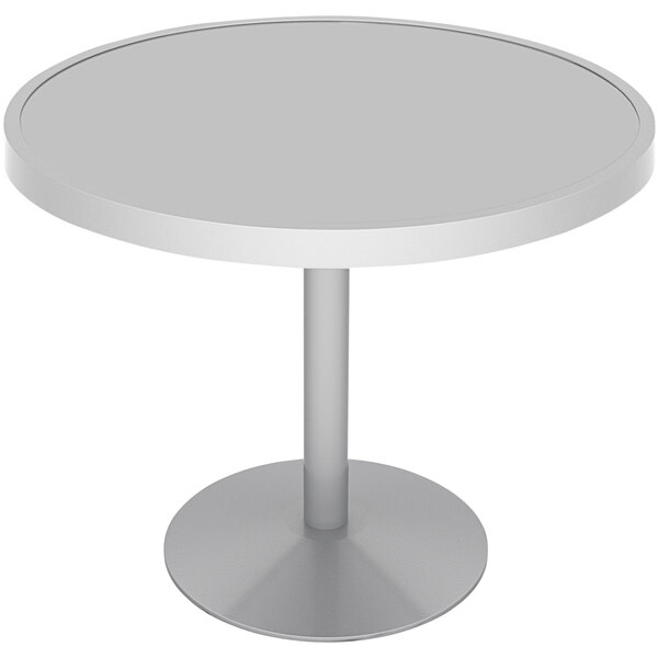 A round white Wabash Valley Hanna Collection pedestal table with a metal base.