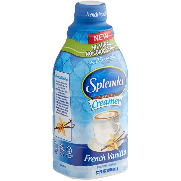 A blue plastic bottle of Splenda Sugar-Free French Vanilla Coffee Creamer.