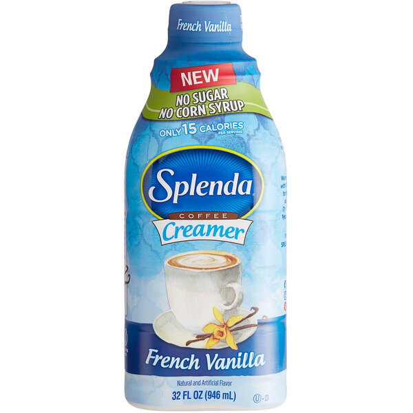 A blue plastic bottle of Splenda Sugar-Free French Vanilla Coffee Creamer with a white label.