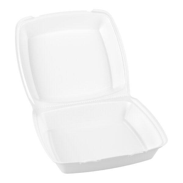 A white foam hinged lid takeout container.