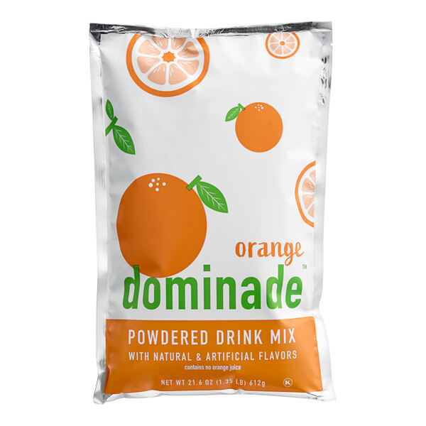 A white and orange bag of DominAde Orange Drink Mix with oranges on it.