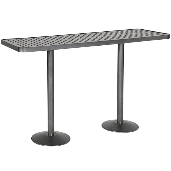 A Wabash Valley Hanna Collection bar height table with a metal base and grey horizontal slats.