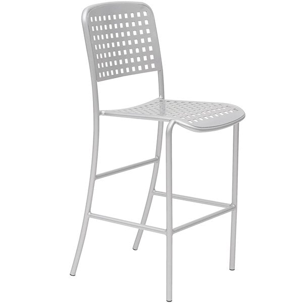 A gray metal square perforated bar chair with a backrest.