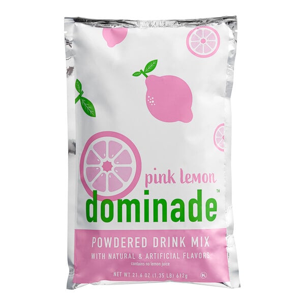 A white bag of DominAde pink lemon drink mix with pink and green text.