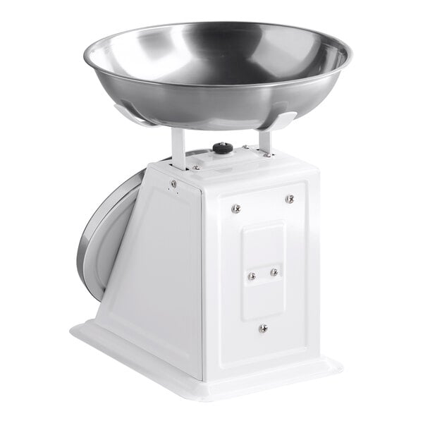 A mechanical portion control scale with a removable stainless steel bowl.