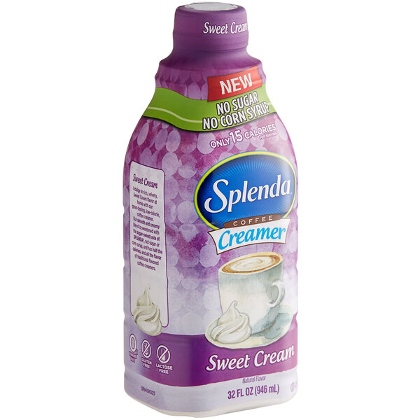 A purple bottle of Splenda Sugar-Free Sweet Cream Coffee Creamer.