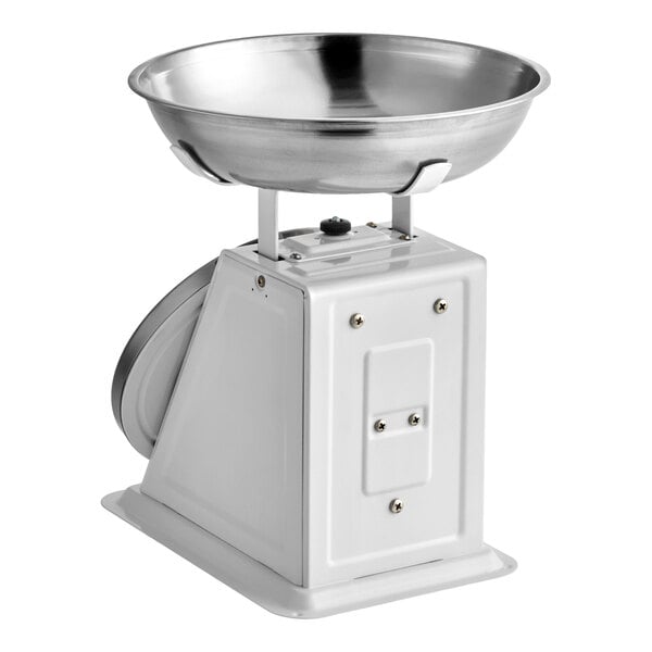 A mechanical portion control scale with a removable stainless steel bowl.