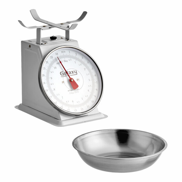 A mechanical portion control scale with a removable stainless steel bowl.
