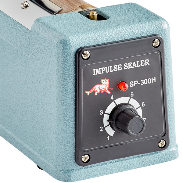 A blue Thunder Group manual impulse bag sealer with a black panel, knob, and red light.