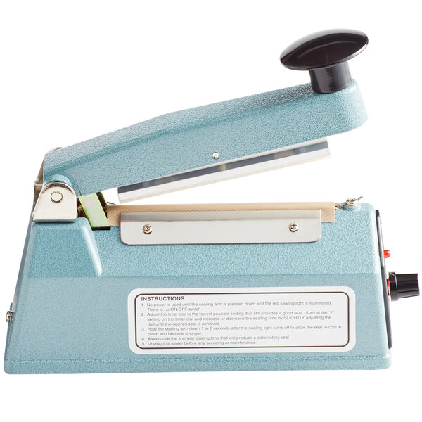 A blue Thunder Group manual impulse bag sealer with a black handle.