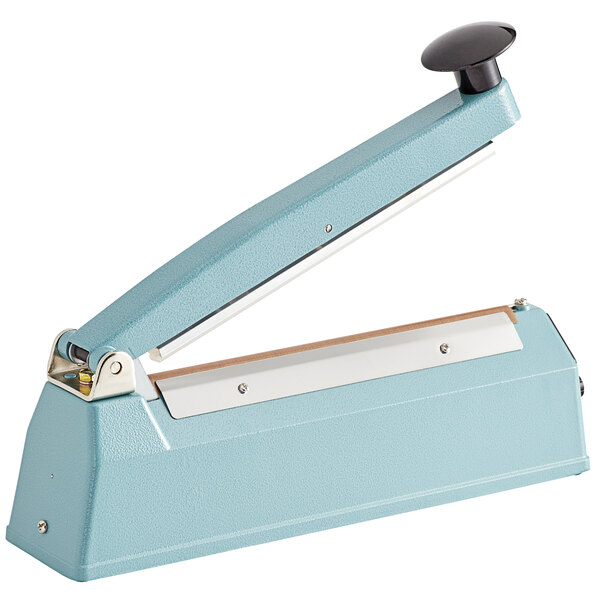 A blue and silver Thunder Group manual impulse bag sealer with a handle.