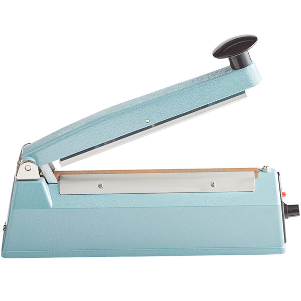 A blue and silver Thunder Group manual impulse bag sealer with a black handle.