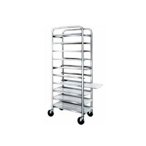 A Winholt stainless steel platter cart with four trays on it.
