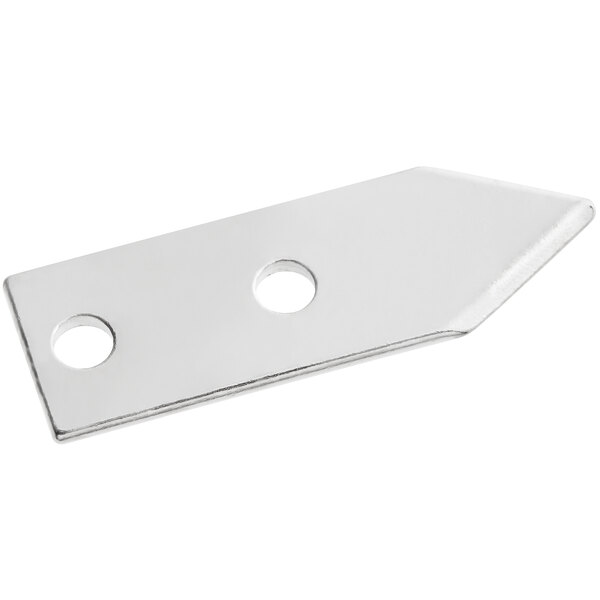 A silver rectangular metal piece with a stainless steel blade with holes on it.