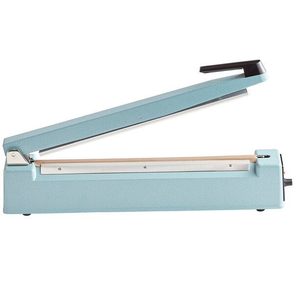 A blue and black Thunder Group manual impulse bag sealer with a black handle.