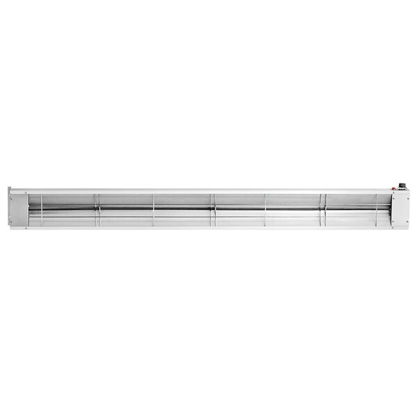 A long white metal light fixture with Nemco 6151-60 Single Infrared Strip Warmer on the ceiling.