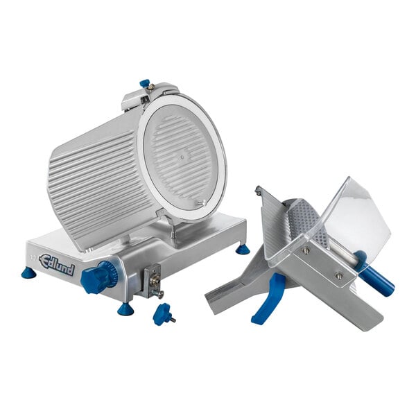 An Edlund manual meat slicer with blue knobs and a silver blade.