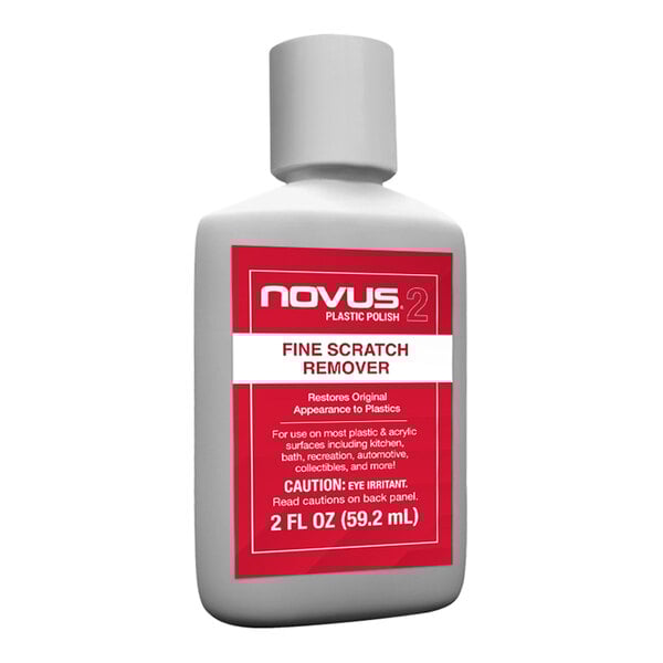 A white bottle with a red label for Novus Plastic Polish #2 Fine Scratch Remover.