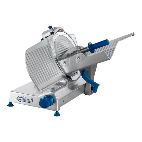 A silver Edlund medium-duty manual meat slicer with a blue handle.