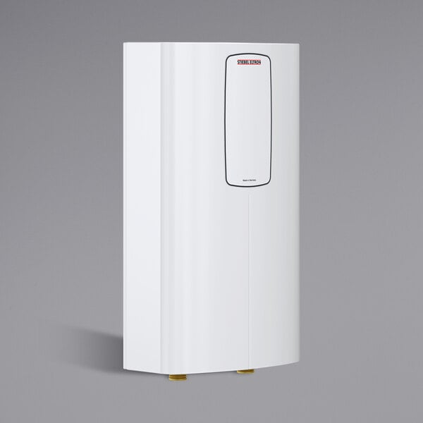 A white rectangular Stiebel Eltron tankless water heater with a black border.