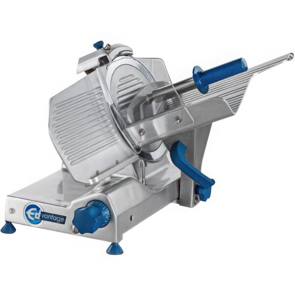 An Edlund commercial meat slicer with a blue handle.