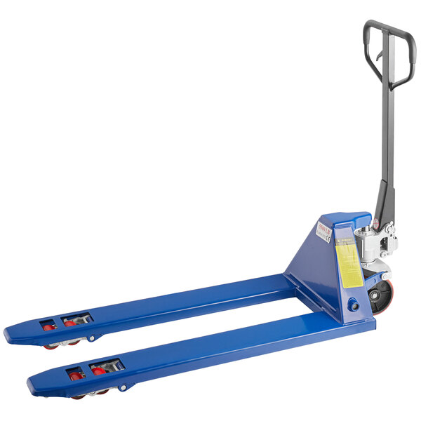 A blue Lavex pallet jack with a handle and wheels.