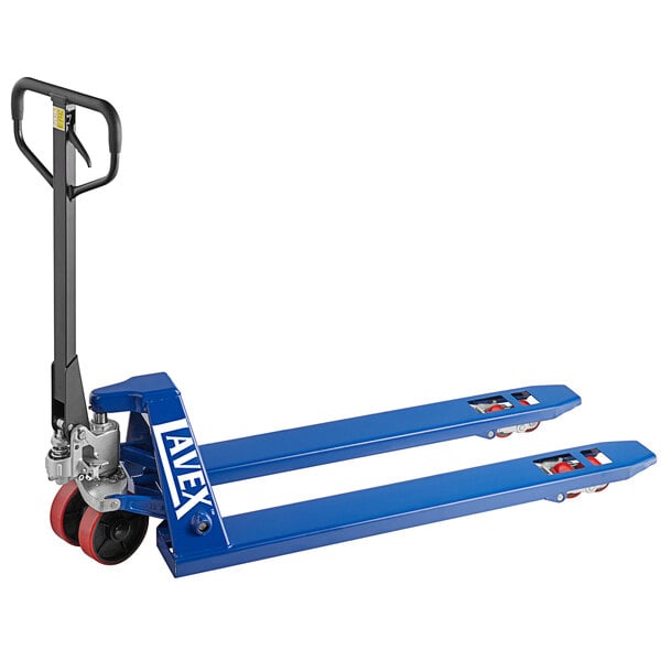 A blue hand pallet truck with a red handle.