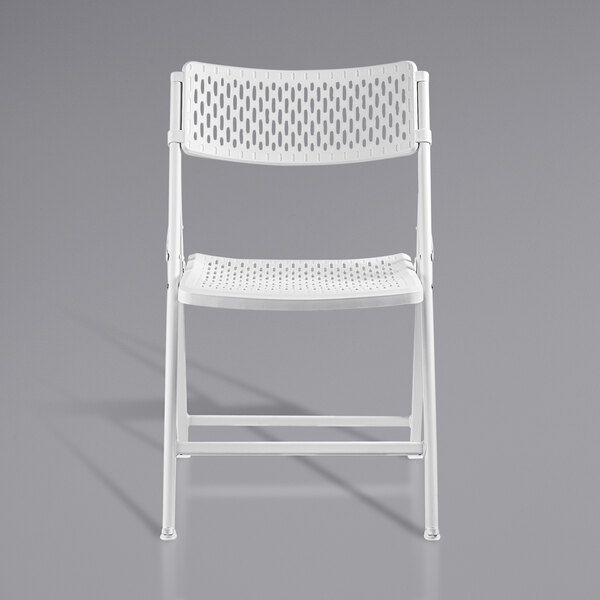 A National Public Seating white plastic folding chair with a white seat and metal frame.