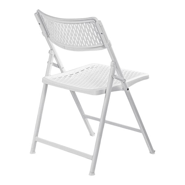 A white folding chair with a perforated plastic seat and backrest, supported by a metal frame.