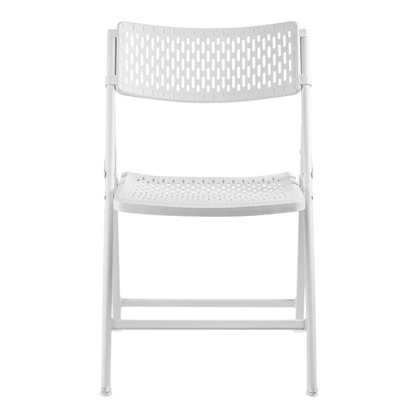 A white folding chair with a perforated backrest and seat, viewed from the front.