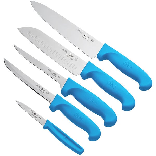 A group of four Choice kitchen knives with blue handles.