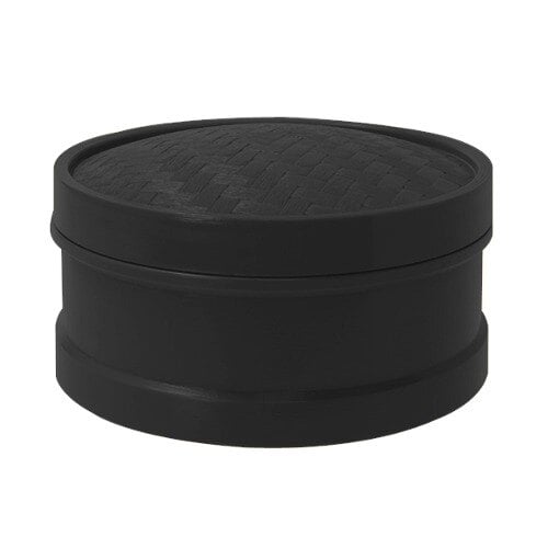 A black round polypropylene steamer set with a lid.