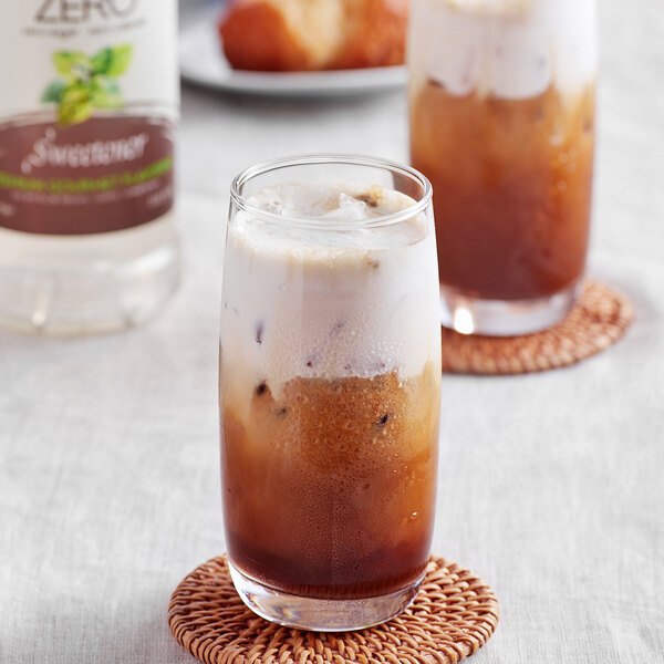 A glass of iced coffee with Monin Zero Calorie Natural Sweetener in it.